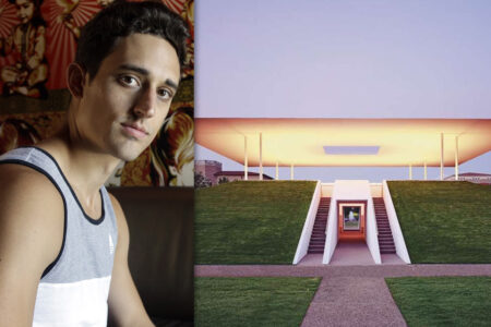 Choreographer Justin Peck and the Twilight Epiphany Skyspace on the Rice University campus.
