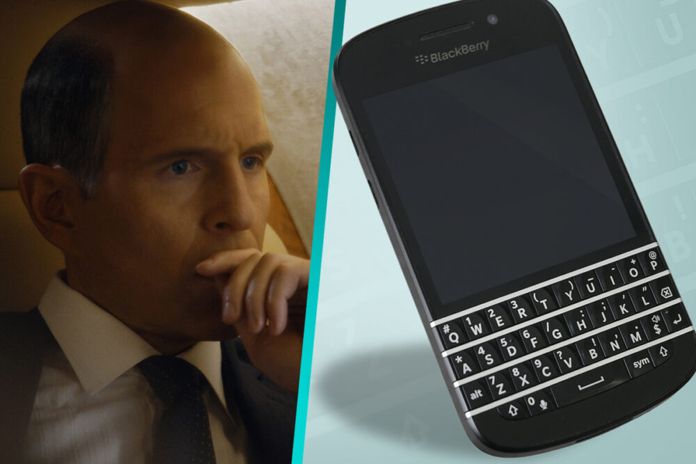 Glenn Hawthorne, who portrayed former BlackBerry executive Jim Balsillie in the movie BlackBerry, is seen with the BlackBerry Q10.
