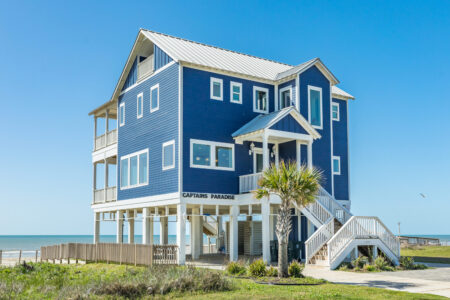 A blue beach house in Galveston.