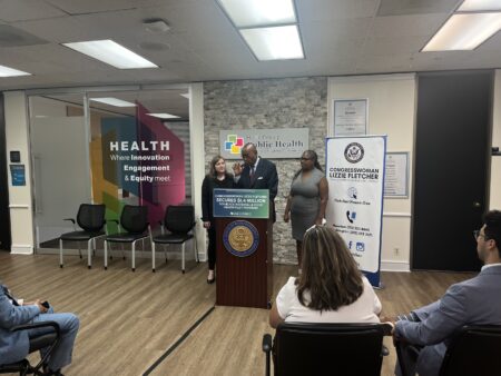Congresswoman Lizzie Fletcher (left) announces with Commissioner Rodney Ellis (center), additional funding for Harris County to address Black maternal mortality rates.