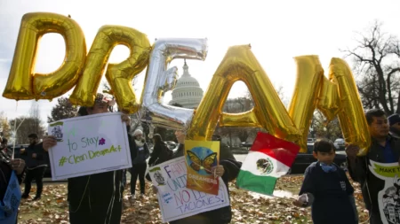 Demonstrators hold up balloons during an immigration rally in support of the Deferred Action for Childhood Arrivals and Temporary Protected Status programs, near the U.S. Capitol.