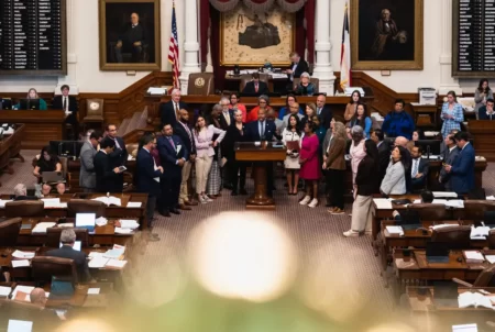 Democratic lawmakers gather at the dais in the Texas House chamber on April 6, 2023, in support of an amendment that would have preserved DEI initiatives in Texas’ public universities.