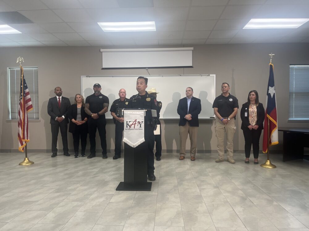 Henry Gaw announces Katy ISD's mock active shooter drill. 