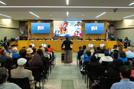 Stephan Hester speaks during Houston ISD's first Board of Managers meeting on June 8, 2023.
