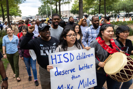 Protesters gathered outside of Houston ISD's headquarters on June 8, 2023 during a protest against the state's takeover of the district.