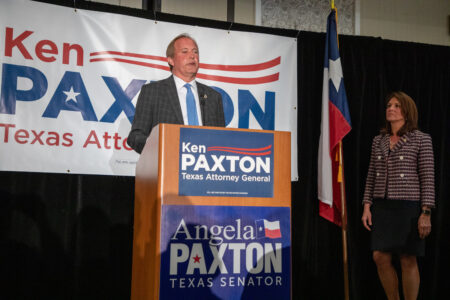 Angela and Ken Paxton attend their watch party during the Texas Primary, at the Sheraton in McKinney, Texas, on March 1, 2022. Angela Paxton won the race to remain in the Texas Senate, and Ken Paxton was forced into a runoff for Attorney General of Texas.