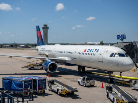 AUSTIN, TEXAS - APRIL 13: A Delta Air lines plane is seen at its terminal at the Austin-Bergstrom International Airport on April 13, 2023 in Austin, Texas. Delta Air Lines reported a $353 million loss for its first fiscal quarter. (Photo by Brandon Bell/Getty Images)