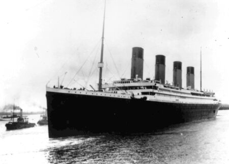 FILE - In this April 10, 1912 file photo the Titanic leaves Southampton, England on her maiden voyage. The U.S. government will try to stop a company's planned salvage mission to retrieve the Titanic’s wireless telegraph machine, arguing the expedition would break federal law and a pact with Britain to leave the iconic shipwreck undisturbed. U.S. attorneys filed a legal challenge before a federal judge in Norfolk, Va, late Monday, June 8, 2020. The expedition is expected to occur by the end of August.