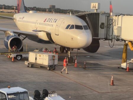 An airport worker died after being ingested into the engine of this Delta Airbus A319 in San Antonio on Friday.