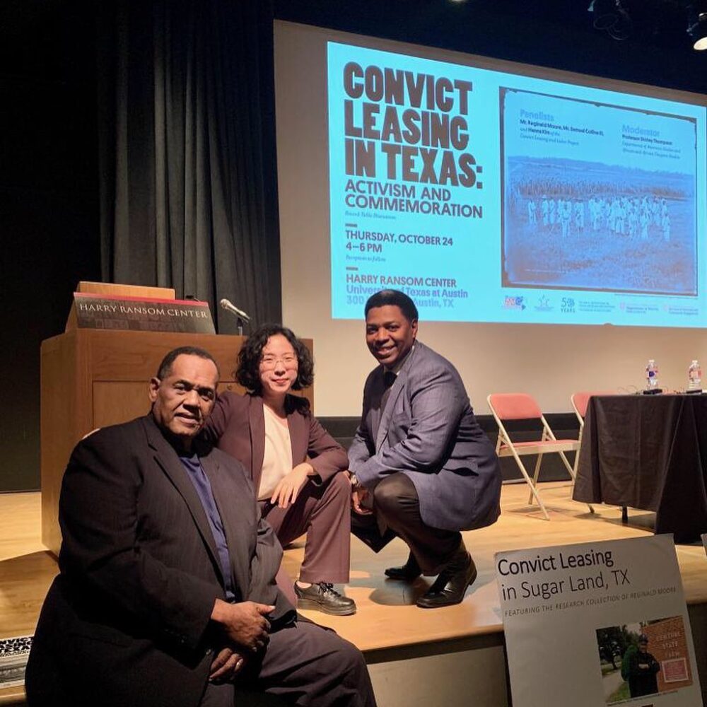 2019 Soros Equality Fellows Reginald Moore, left, and Hanna Kim spoke about convict leasing at the University of Texas at Austin in October 2019 with Sam Collins, right.