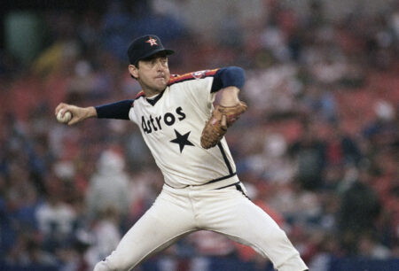 Nolan Ryan pitches for the Astros in Game 5 of the 1986 National League Championship Series against the New York Mets.