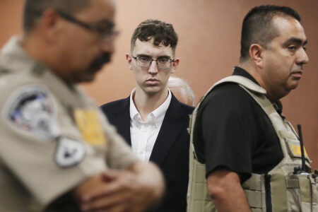FILE - El Paso Walmart shooting suspect Patrick Crusius pleads not guilty during his arraignment in El Paso, Texas, Oct. 10, 2019. Patrick Crusius, the Texas gunman who killed 23 people in the racist  attack is returning to federal court for sentencing on Wednesday, July 5, 2023. Crusius is facing multiple life sentences after pleading guilty to one of the deadliest mass shootings in U.S. history. (Briana Sanchez/The El Paso Times via AP, Pool, File)