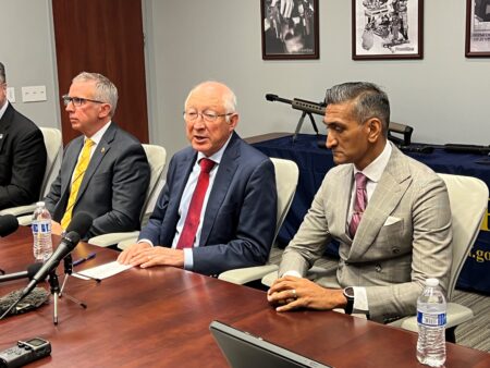 U.S. Ambassador Ken Salazar (center) discusses the joint U.S.-Mexican effort to seize firearms Mexican drug cartels are buying illegally in the United States, July 18, 2023