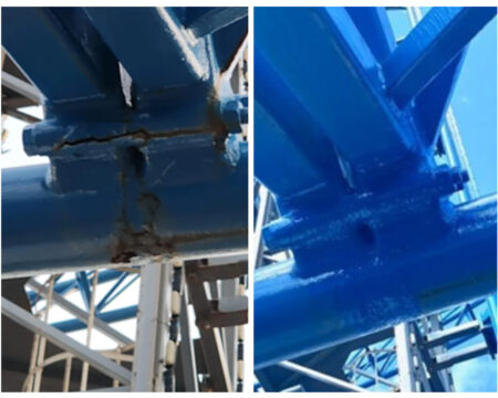 Left: a photo from the Houston subreddit, raising concerns of a crack in the steel roller coaster. Officials  say they repaired the damage, in the photo on the right.