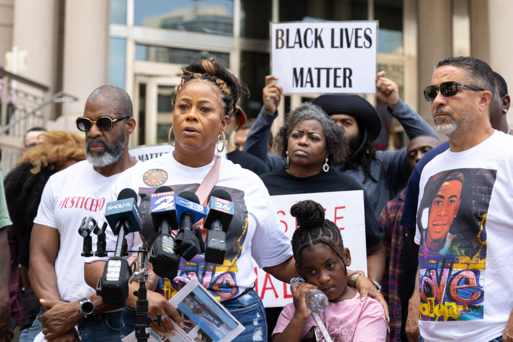 Tiffany Rachal, Jalen Randle's mother, stands along side family members demanding accountability against HPD Officer Shane Privette, who fatally shot Randle in April 2022. Taken on July 26, 2023. 
