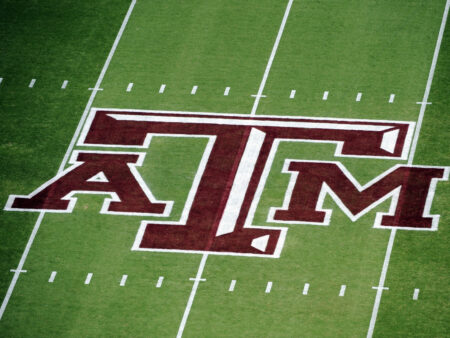 File - The Texas A&M logo on Kyle Field is seen before an NCAA college football game against Florida, in College Station, Texas, Sept. 8, 2012. Texas A&M University announced Friday, July 21, 2023, that its school president has resigned after a Black journalist’s celebrated hiring at one of the nation’s largest campuses unraveled over pushback of her diversity and inclusion work. (AP Photo/Dave Einsel, File)