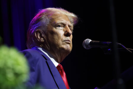 FILE - Former President Donald Trump speaks at a fundraiser event for the Alabama GOP, Friday, Aug. 4, 2023, in Montgomery, Ala. Just one month after Donald Trump’s January 2021 phone call to suggest Georgia’s secretary of state could overturn his election loss, district attorney Fani Willis announced she was looking into possibly illegal “attempts to influence” the results.