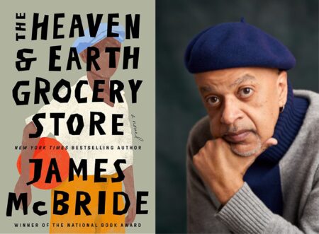 Author James McBride pictured next to the cover of latest novel, "The Heaven & Earth Grocery Store."
