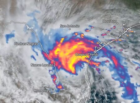 A satellite image of Tropical Storm Harold over South Texas