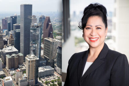 Dr. Laura Murillo of the Houston Hispanic Chamber of Commerce pictured next to an image of the Houston skyline