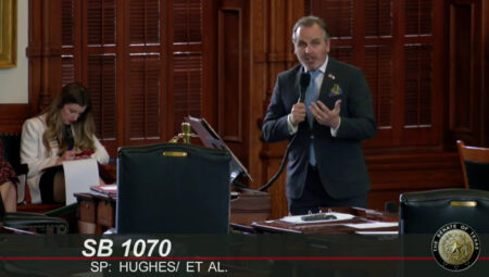 State Senator Bryan Hughes (R-Mineola), addressing the Texas Senate in favor of SB 1070, a bill instructing the Texas Secretary of State's Office to withdraw the state from ERIC, April 11, 2023.