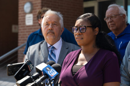 Shanita Terrell talks about Harris County Sheriff's Deputy Michael Hines' guilty plea during a press conference on August 29, 2023.