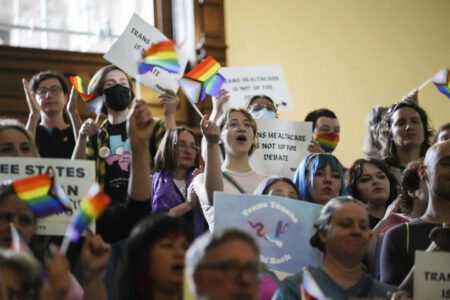 LGBTQ+ activists protest against Senate bill 14 at the state Capitol in Austin, Texas.