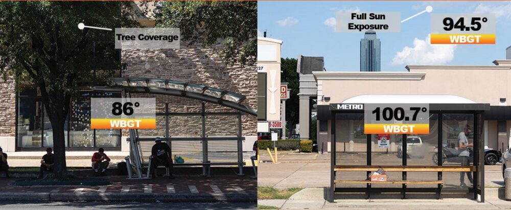 Temperatures can range dramatically. Left: Bus Stop at Westheimer and Post Oak Blvd in Uptown. Right: Bus Stop at Westheimer and Fountainview Dr. in Uptown.