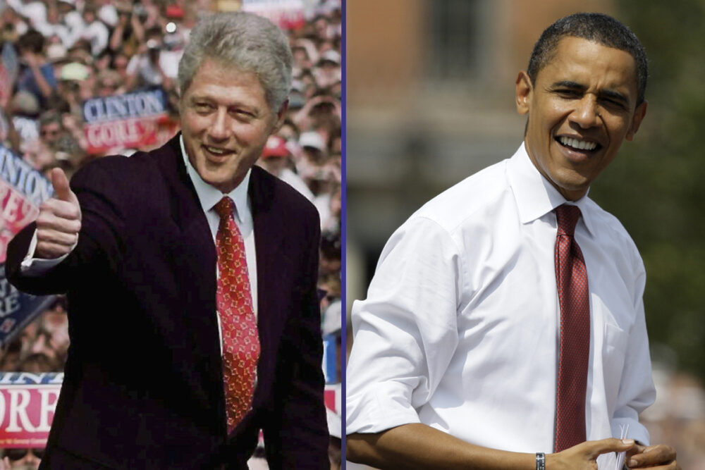 Bill Clinton campaigning in 1996 and Barack Obama campaigning in 2008.