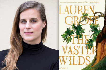 Writer Lauren Groff shown next to her novel, The Vaster Wilds