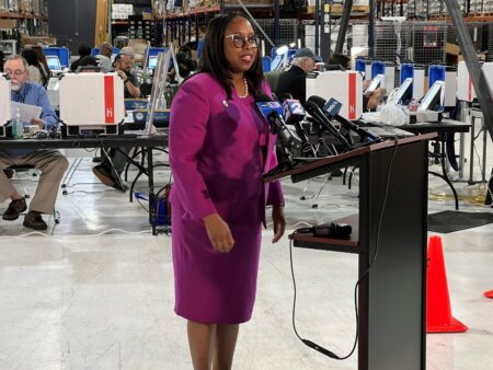 Harris County Clerk Teneshia Hudspeth, speaking at the county's Election Technology Center at the start of logic and accuracy testing for the November 2023 general and special elections, September 18, 2023
