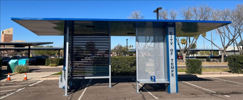 Tempe, Arizona's new bus shelters are designed to provide shade even as the angle of the sun changes throughout the day.