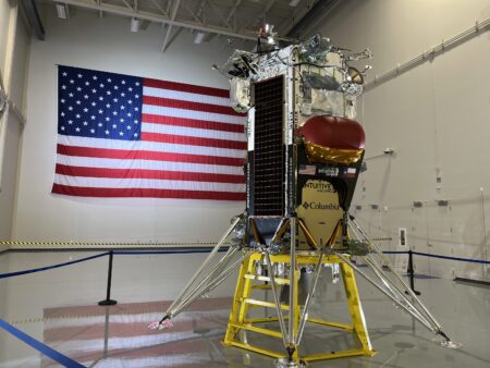 The Nova-C lunar lander inside the new headquarters for the Houston commercial space company Intuitive Machines.