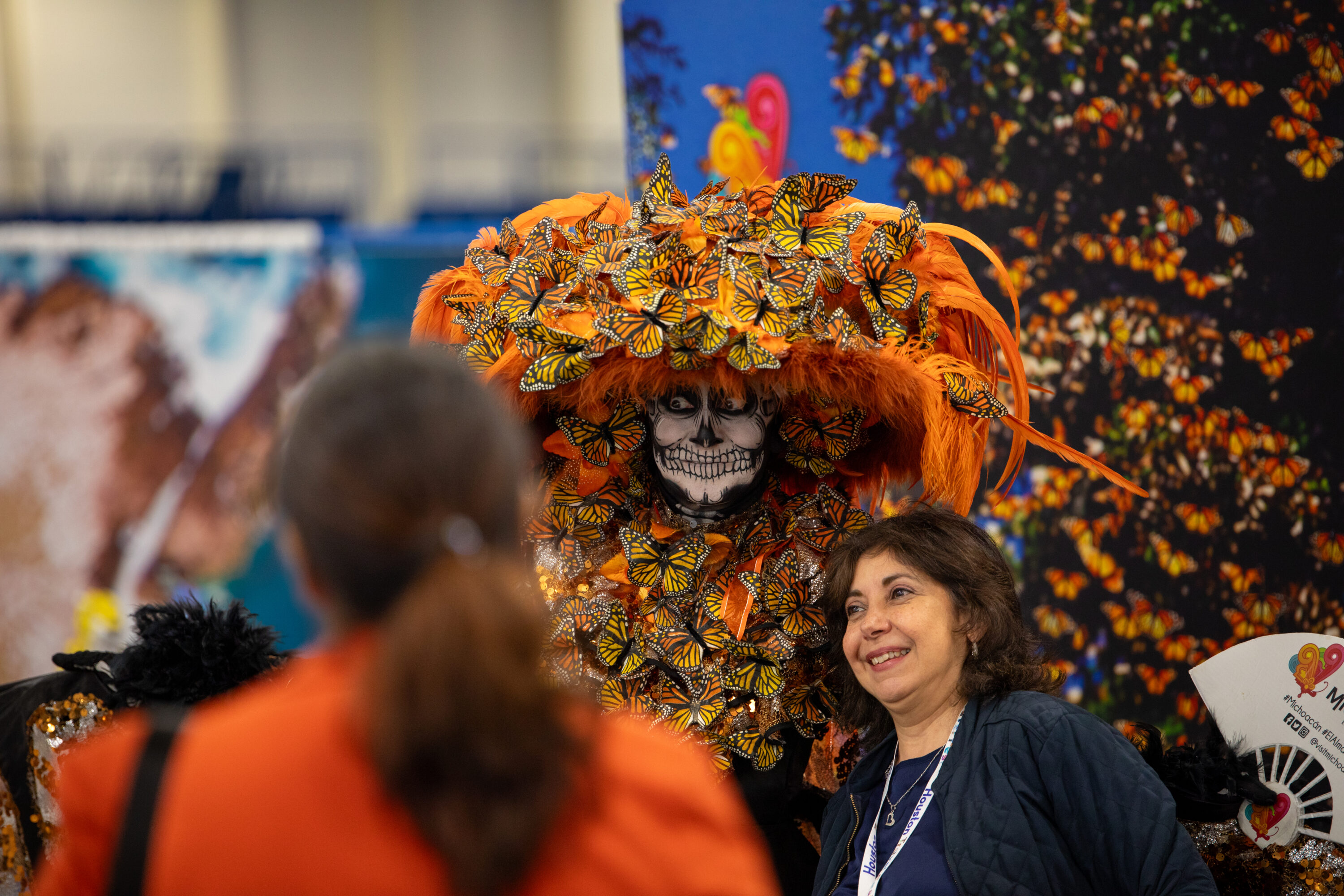 Person dressed as "catrina" for Dia de los Muertos at the Houston Travel Festival on September 29, 2023.