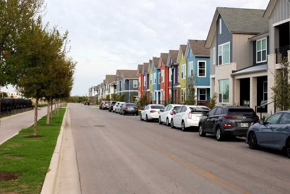 The Mueller neighborhood in East Austin on Oct. 7, 2023. Parts of the neighborhood feature denser housing schemes than the one-home-per-large-lot standard common across Texas. 