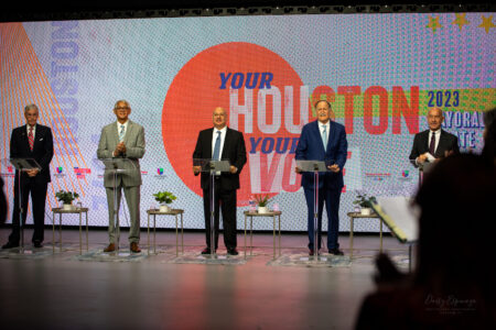 Houston mayoral candidates from left to right: Jack Christie, John Whitmire, Gilbert Garcia, Robert Gallegos, and Lee Kaplan.