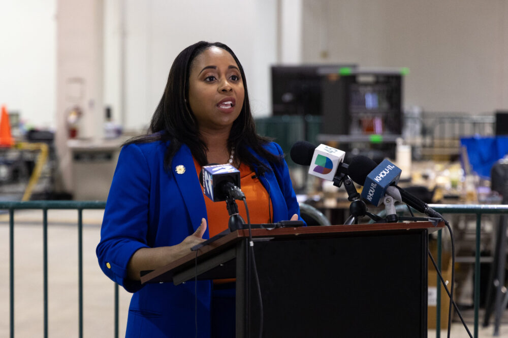 Harris County Clerk Teneshia Hudspeth disusing the upcoming election during a press conference on Oct. 20, 2023. 