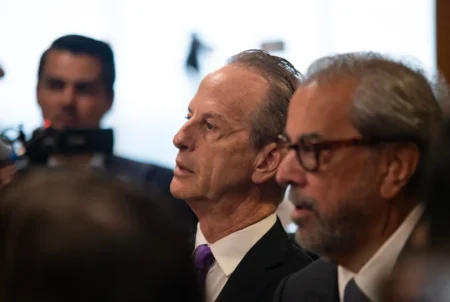 Brian Wice and Kent Schaffer, special prosecutors in the Ken Paxton security fraud case, talk to the media at the Harris County Courthouse in Houston on Aug. 3, 2023.