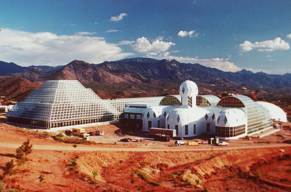 This 1991 picture shows the Biosphere 2 complex in the desert near Oracle, Ariz. Eight people agreed to spend two years sealed inside the 3-acre terrarium in the Sonoran Desert.