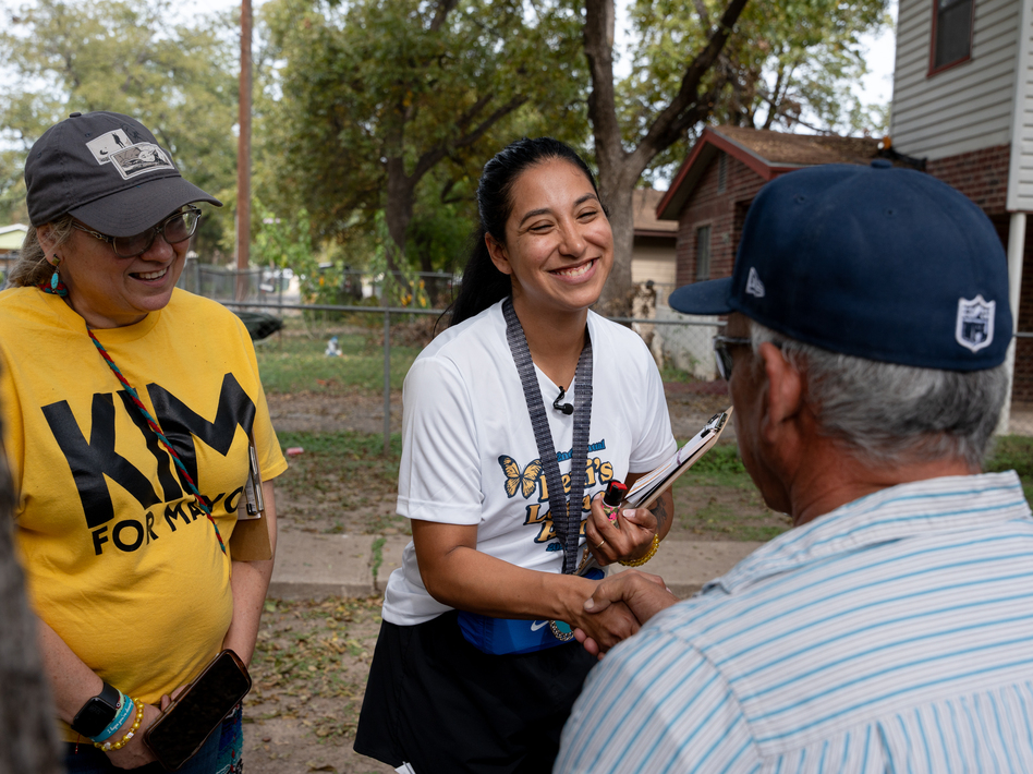 Kimberly Mata-Rubio meets Uvalde residents during her block walk on Oct. 21. 