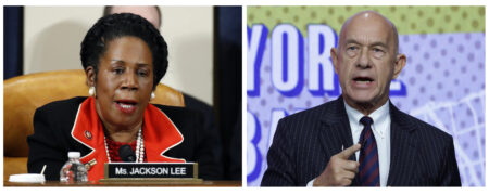 In this photo combination, U.S. Rep. Shelia Jackson Lee, D-Texas, left, speaks during a meeting on Capitol Hill in Washington, Dec. 13, 2019, and at right, Democratic state Sen. John Whitmire answers a question during a televised candidates debate at Houston Public Media studios, Thursday, Oct. 19, 2023, in Houston. The race for Houston mayor headed to a runoff late Tuesday, Nov. 7, 2023, between Jackson Lee and Whitmire, two Democrats who breezed past a wide field of candidates in a race dominated by issues of crime, crumbling infrastructure and potential budget shortfalls. (AP Photo/Patrick Semansky, Michael Wyke)