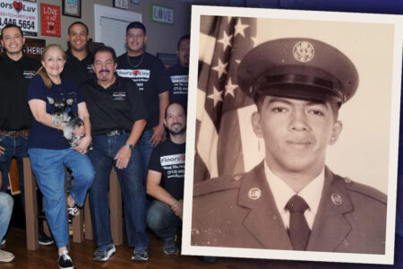 Air Force veteran Tony Batista poses with team members from his company, Floors2Luv, alongside a photo of him during his time in the military.