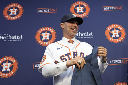 Houston Astros new baseball team manager Joe Espada smiles after a news conference Monday, Nov. 13, 2023, in Houston.