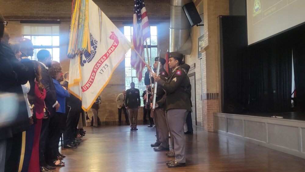 The presentation of flags at the Buffalo Soldier Museum. 110 officers were pardoned and honorably discharged after the Houston Riots. 
