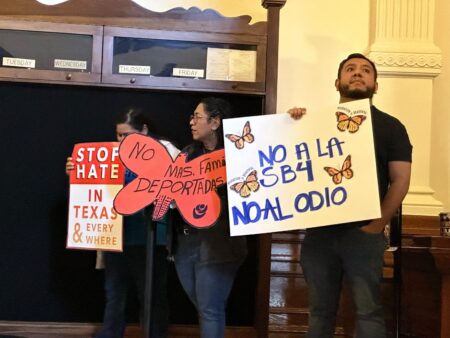 Protesters gather at the Texas Capitol to show their opposition to Senate Bill 4, a state law that makes unauthorized entry into Texas a state crime.