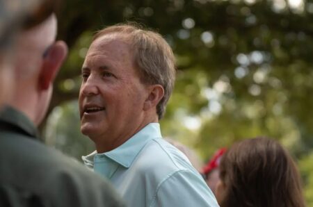 Texas Attorney General Ken Paxton speaks at the Collin County Labor day picnic in Plano, Texas on Sept. 2, just days before his impeachment trial.