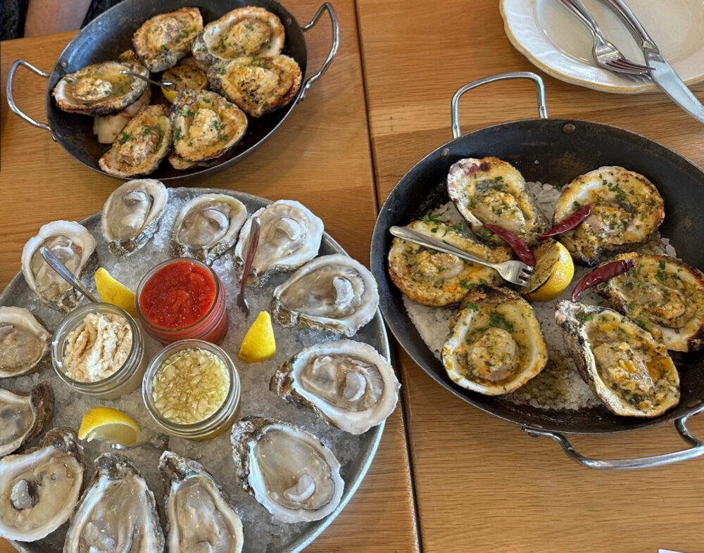 A selection of raw and grilled oysters from Pier 6 Seafood in San Leon.