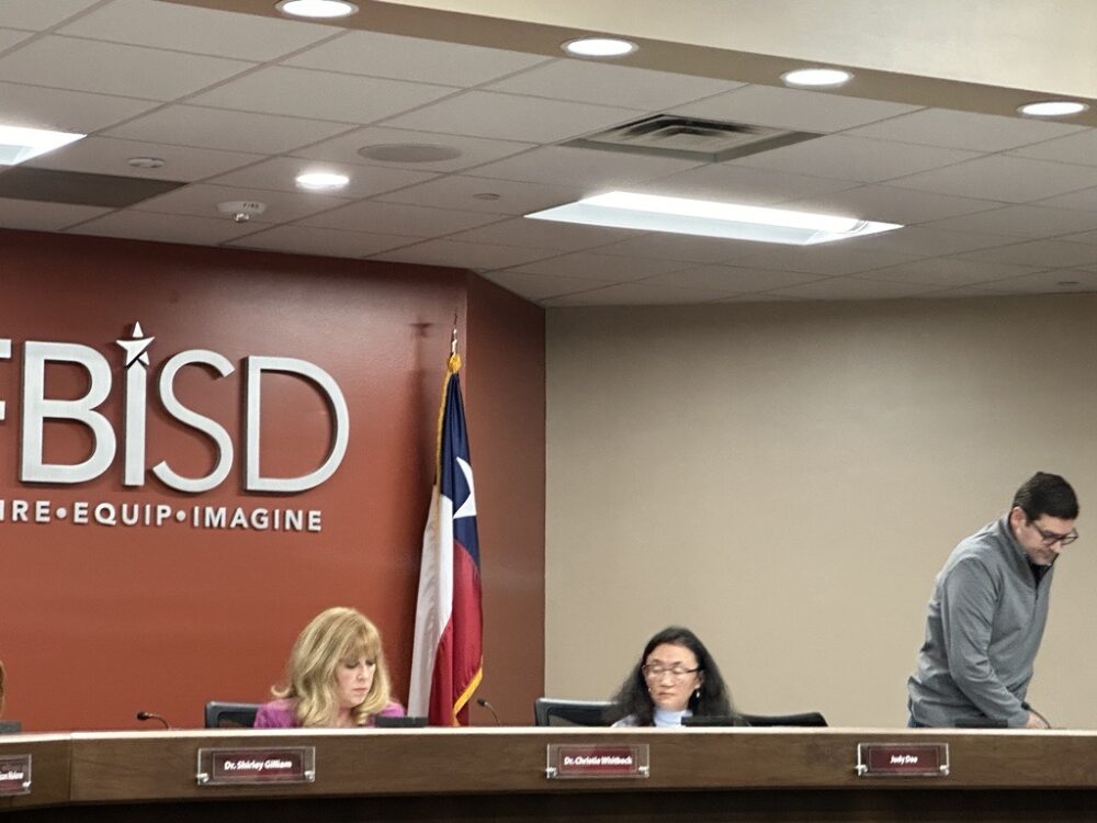 From left: Now-former Superintendent Christie Whitbeck Fort Bend ISD president Judy Dae and Board Secretary David Hamilton