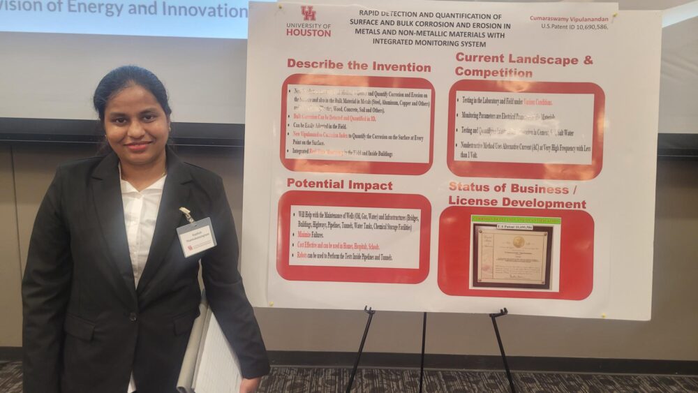 Kopikah Tharmakulasingham is a student at University of Houston. She presented a new method to detect corrosion in oil, gas, or water wells.