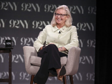 Former Congresswoman Liz Cheney appears onstage in conversation with David Rubenstein at the 92nd Street Y on Monday, June 26, 2023, in New York. (Photo by Andy Kropa/Invision/AP)